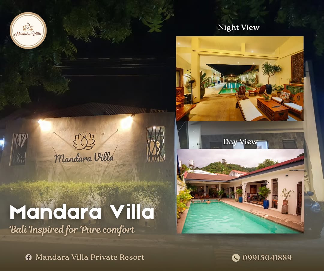 Night shot of the lotus-engraved entrance wall of Mandara Villa and daytime pool in collage — the arrival experience