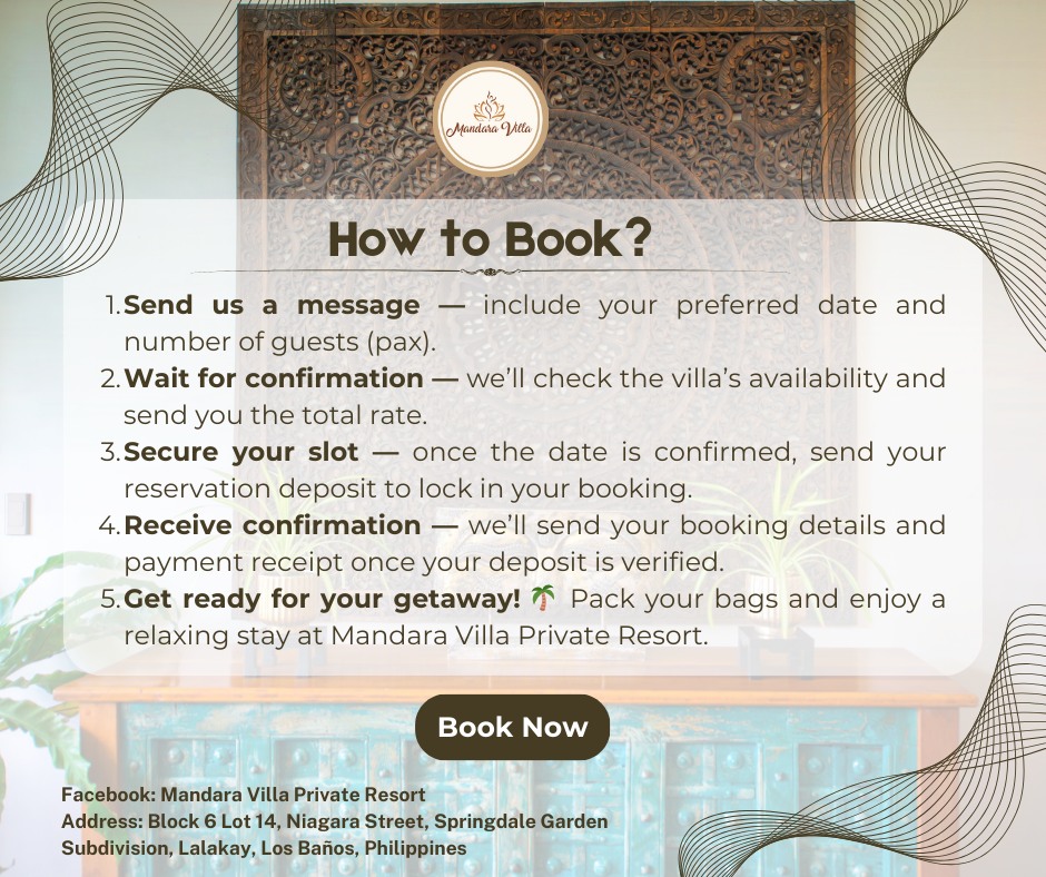 How to Book infographic — background shows Balinese carved wood panel interior with teal antique furniture